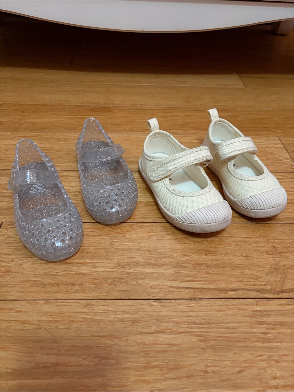 Kids Mary Jane Shoes — Cream Canvas and Clear Glitter Jelly